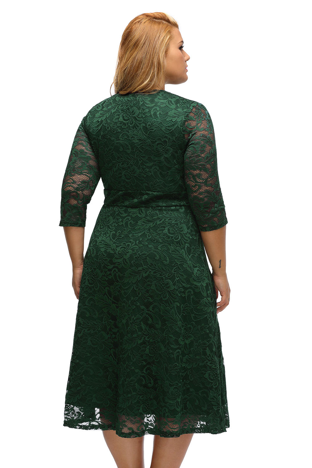 BY61442-9 Olive Plus Size Surplice Lace Formal Skater Dress